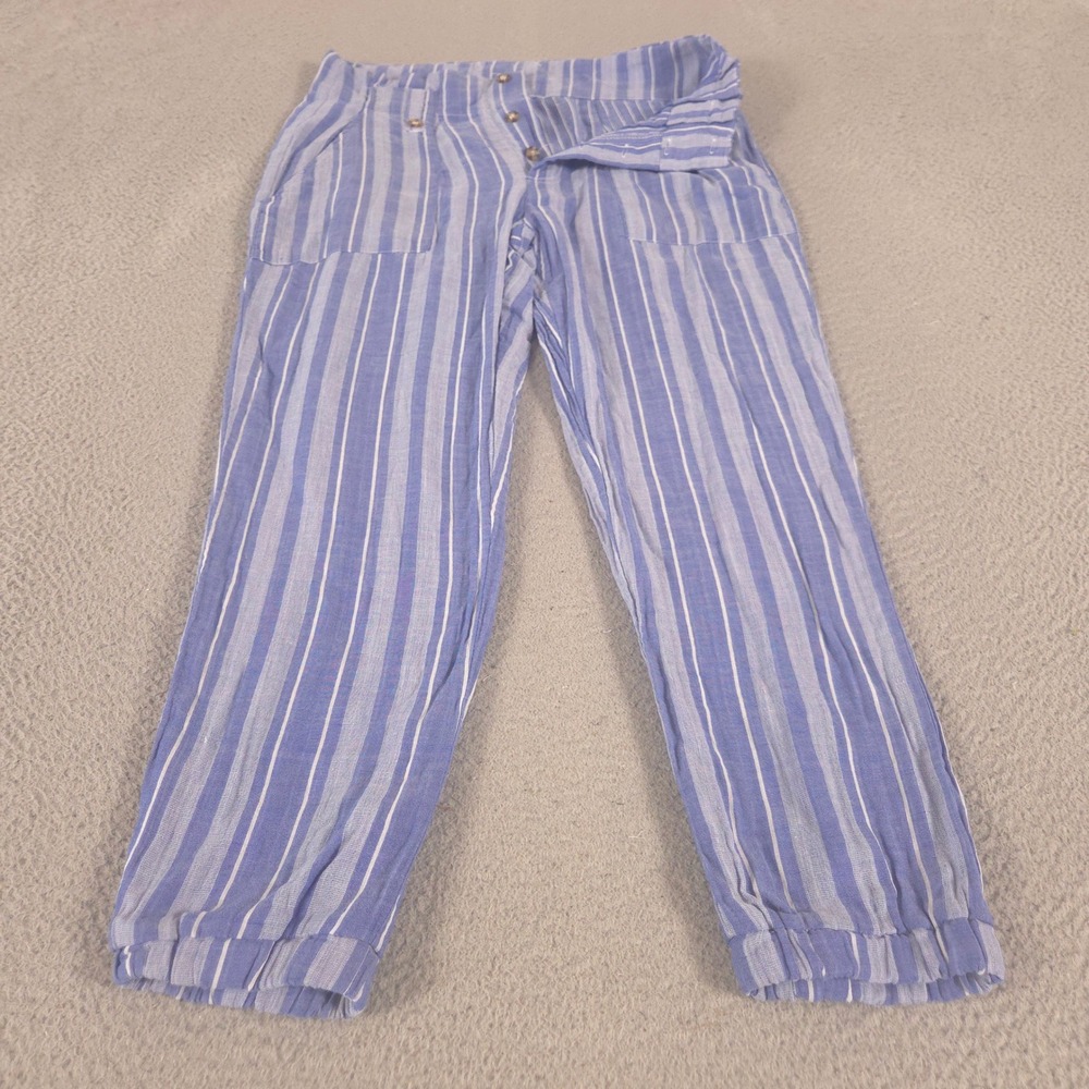 Indigo Rein Pants Womens L Multi Striped Linen-Blend Joggers Button Fly Cotton
